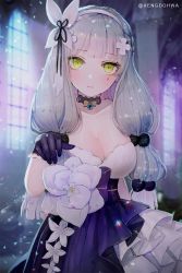 Rule 34 | 1girl, black gloves, black ribbon, blunt bangs, blush, breasts, choker, church, cleavage, closed mouth, collarbone, colored eyelashes, dress, eyelashes, facial hair, gem, girls&#039; frontline, gloves, green eyes, hairband, hanato (seonoaiko), hand up, hk416 (girls&#039; frontline), hk416 (starry cocoon) (girls&#039; frontline), indoors, lace, lace choker, layered dress, lens flare, light brown hair, long hair, looking at viewer, medium breasts, multi-tied hair, official alternate costume, ribbon, silver hair, smile, solo, twitter username, upper body, very long hair, white hairband, window