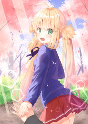 Rule 34 | 1girl, 1other, absurdres, ahoge, alternate costume, aro 1801, artoria caster (fate), artoria pendragon (fate), back, blonde hair, blue cardigan, blue ribbon, blue sky, blush, cardigan, cherry blossoms, contemporary, fate/grand order, fate (series), green eyes, hair between eyes, highres, holding hands, leaf, long hair, long sleeves, looking at viewer, looking back, miniskirt, mixed-language commentary, neck ribbon, open mouth, outdoors, petals, plant, pleated skirt, pov, red skirt, ribbon, sidelocks, skirt, sky, smile, tongue, twintails, very long hair