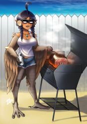 Rule 34 | 1girl, absurdres, ahoge, animal hands, bare shoulders, bauble, bird legs, black hair, blush, boned meat, braid, breasts, brown feathers, brown wings, cleavage, commentary, commission, cooking, denim, denim shorts, feathers, fence, food, grill, grilling, harpy, highres, jewelry, large breasts, long hair, meat, monster energy, monster girl, necklace, original, outdoors, parted bangs, pointy ears, sharp teeth, shorts, solo, sunglasses, talons, tan, tank top, teeth, twin braids, white tank top, winged arms, wings, wooden fence, yashrimp