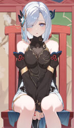 Rule 34 | 1girl, absurdres, bare shoulders, between legs, black dress, black sleeves, blue eyes, breasts, bright pupils, chair, detached sleeves, dress, eyes visible through hair, flower knot, genshin impact, hair ornament, hair over one eye, hand between legs, highres, long sleeves, looking at viewer, medium breasts, official alternate costume, open mouth, own hands together, puffy long sleeves, puffy sleeves, shenhe (frostflower dew) (genshin impact), shenhe (genshin impact), shorts, shorts under dress, sitting, sleeveless, sleeveless dress, solo, swept bangs, thighs, white hair, white pupils, white shorts, yuu maraa