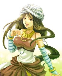 Rule 34 | 1girl, bare shoulders, breasts, brown eyes, brown hair, detached sleeves, gensou suikoden, gensou suikoden tierkreis, jewelry, long hair, looking at viewer, medium breasts, momiji fuwa, necklace, open mouth, simple background, sisuca (suikoden), smile, solo, striped, white background