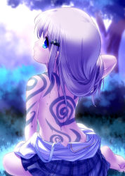 Rule 34 | 1girl, barefoot, bat hair ornament, blue eyes, blurry, blush, bodypaint, closed mouth, clothes down, depth of field, from behind, grass, hair ornament, hand in own hair, head tilt, light purple hair, light smile, little busters!, night, noumi kudryavka, on ground, plaid, plaid skirt, pleated skirt, profile, school uniform, sitting, skirt, solo, tree, wariza, wet, wet hair, zen