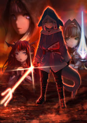 Rule 34 | 4girls, adapted costume, adapted weapon, aura, belt, black pants, blue hair, blue hoodie, cloak, energy sword, fins, fish tail, full body, gawr gura, gradient hair, hair intakes, heterochromia, highres, holding, holding weapon, hololive, hololive english, hood, hoodie, horns, irys (hololive), lightsaber, long hair, looking at viewer, mitsuru (pixiv 34028718), multicolored hair, multiple girls, ninomae ina&#039;nis, ouro kronii, pants, parody, pointy ears, polearm, praying, purple hair, red hair, red sky, shark tail, sky, star wars, star wars: revenge of the sith, sword, tail, trident, virtual youtuber, volcanic ash, weapon