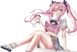 Rule 34 | 1girl, bare legs, bow, breasts, byeoljagga, crop top, crop top overhang, cup, disposable cup, grey skirt, grin, hair bow, highres, holding, indie virtual youtuber, long hair, looking at viewer, medium breasts, midriff, miniskirt, pink eyes, pink hair, pink shirt, pleated skirt, ronarona, shirt, shoes, short sleeves, sidelocks, simple background, skirt, smile, socks, solo, thighs, twintails, undershirt, virtual youtuber, white background, white shirt