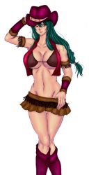 Rule 34 | 1girl, akira (yuibnm71), armband, bikini top, bisca mulan, boots, breasts, cleavage, cowboy hat, cropped vest, fairy tail, green hair, hat, highres, large breasts, long hair, midriff, miniskirt, navel, open clothes, open vest, simple background, skirt, solo, vest