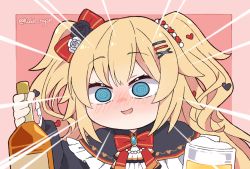 Rule 34 | 1girl, @ @, akai haato, akai haato (gothic lolita), alcohol, blonde hair, blue eyes, blush, drunk, hair ornament, heart, heart hair ornament, hololive, kukie-nyan, long hair, looking at viewer, pink background, simple background, solo, twintails, virtual youtuber, whiskey