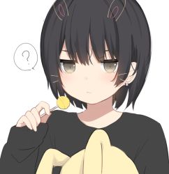 Rule 34 | 1girl, ?, amashiro natsuki, bad id, bad twitter id, black hair, black shirt, candy, closed mouth, commentary request, copyright request, earrings, eyebrows hidden by hair, food, hair between eyes, hand up, holding, holding candy, holding food, holding lollipop, jewelry, lollipop, long sleeves, looking at viewer, shirt, short hair, simple background, sleeves past wrists, solo, spoken question mark, stuffed animal, stuffed rabbit, stuffed toy, upper body, white background