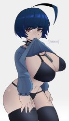 Rule 34 | absurdres, blue hair, bra, breasts, choker, highres, huge breasts, jiansketch, lifted by self, panties, persona, persona 5, red eyes, takemi tae, thick thighs, thighhighs, thighs, underwear