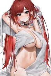 Rule 34 | 1girl, absurdres, akane lize, armpit crease, arms up, black choker, brown eyes, choker, closed mouth, commission, highres, long hair, looking at viewer, mole, mole under eye, naked towel, navel, poharo, red hair, simple background, solo, stellive, towel, virtual youtuber, wet, white background