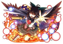 Rule 34 | 1girl, ahoge, asymmetrical footwear, asymmetrical legwear, black hair, black wings, bow, cape, control rod, danmaku, fire, fire, full body, green skirt, hair bow, hakoniwa tsuka, looking at viewer, magic, mismatched footwear, lava, open mouth, outstretched arm, ponytail, puffy short sleeves, puffy sleeves, red eyes, reiuji utsuho, short sleeves, simple background, skirt, solo, spread fingers, third eye, touhou, uneven legwear, white background, wings