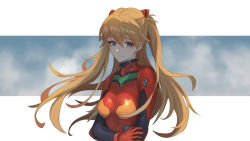 Rule 34 | 1girl, artist request, blonde hair, blue eyes, bodysuit, border, breasts, closed mouth, cola-alter, floating hair, hair between eyes, headgear, highres, letterboxed, long hair, long twintails, looking at viewer, medium breasts, neon genesis evangelion, plugsuit, red bodysuit, shiny clothes, solo, souryuu asuka langley, upper body, very long hair, white border