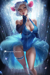 Rule 34 | 1girl, animal ears, bare shoulders, blue eyes, blue gloves, blue leotard, breasts, cleavage, disney, elbow gloves, gem, gloves, hand on own chin, heart, leotard, looking at viewer, mouse ears, olchas, paid reward available, patreon username, short hair, signature, solo, white hair