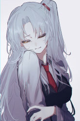 Rule 34 | 1girl, angela (project moon), black vest, closed mouth, coat, collared shirt, commentary, grey background, grey hair, half-closed eyes, hand on own arm, highres, lab coat, lobotomy corporation, long hair, long sleeves, moth ram, necktie, orange eyes, parted bangs, project moon, red necktie, sad, shirt, side ponytail, simple background, solo, symbol-only commentary, upper body, vest, white coat, white shirt