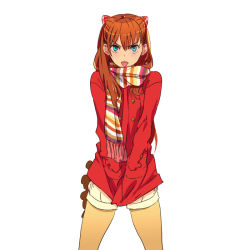 Rule 34 | 00s, 1girl, :p, blue eyes, brown hair, coat, hair ornament, hairclip, mebae, neon genesis evangelion, orange hair, rebuild of evangelion, scarf, shorts, simple background, solo, souryuu asuka langley, striped clothes, striped scarf, tongue, tongue out, white background, winter clothes