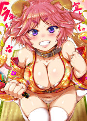 Rule 34 | 1girl, animal ears, bare shoulders, blush, breasts, cleavage, collar, covered erect nipples, grin, japanese clothes, kimono, large breasts, long hair, looking at viewer, navel, nengajou, new year, original, pink hair, purple eyes, sitting, smile, solo, teeth, thighhighs, usyuuri, white thighhighs