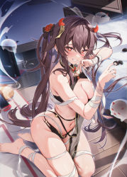 Rule 34 | 1girl, absurdres, bandages, barefoot, bed, black nails, blush, breasts, brown hair, cleavage, demon horns, flower, genshin impact, ghost, grin, hair flower, hair ornament, highres, horns, houkisei, hu tao (genshin impact), indoors, kneeling, long hair, looking at viewer, medium breasts, mixed-language commentary, nail polish, navel, o-ring, o-ring swimsuit, ofuda, on floor, paid reward available, red eyes, revealing clothes, skindentation, smile, solo, stomach, swimsuit, teeth, thighs, very long hair