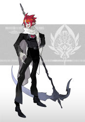 Rule 34 | 1boy, ahoge, bad id, bad twitter id, barcode, belt, black footwear, character name, earrings, fangs, film grain, fingernails, highres, holding, holding scythe, holding weapon, jewelry, kukicha, male focus, open mouth, original, pale skin, pinky ring, pointy ears, red eyes, red hair, red neckwear, ring, scarf, scythe, slit pupils, smile, solo, standing, tongue, vampire, weapon, white scarf