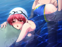 Rule 34 | 1boy, 1girl, bent over, blush, bodyboard, breasts, clothed female nude male, clothed sex, clothes pull, game cg, glasses, hetero, large breasts, looking at viewer, nipples, nude, one-piece swimsuit, one-piece swimsuit pull, open mouth, partially submerged, red hair, sex, swim cap, swimsuit, water, wet
