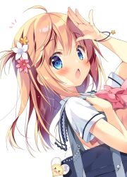 Rule 34 | 1girl, ahoge, arm up, bag, bag charm, blue eyes, blush, bow, brown flower, brown hair, charm (object), chestnut mouth, commentary, dutch angle, flower, hair between eyes, hair flower, hair ornament, heart, long hair, looking at viewer, looking to the side, notice lines, open mouth, original, pan (mimi), pink bow, pink flower, sailor collar, school bag, school uniform, serafuku, shirt, short sleeves, simple background, solo, sweater vest, symbol-only commentary, ten-chan (pan (mimi)), upper body, white background, white flower, white sailor collar, white shirt