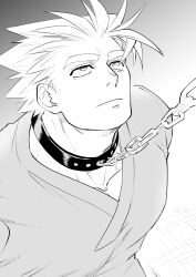 Rule 34 | 1boy, alternate costume, bara, chain, chain leash, deruha (this communication), expressionless, greyscale, highres, huge eyebrows, large pectorals, leash, leash pull, looking up, male focus, monochrome, muscular, muscular male, pectorals, pink hair, sanpaku, short hair, solo, spiked hair, thick neck, this communication, umedairuka, upper body