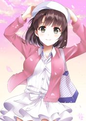 Rule 34 | 1girl, absurdres, akai tanuki, artist name, bad id, bad pixiv id, bag, blunt bangs, bow, breasts, brown hair, buttons, casual, closed mouth, cloud, cloudy sky, collarbone, collared shirt, commentary request, cowboy shot, day, gradient background, green eyes, hands on headwear, hands up, hat, highres, holding, holding clothes, holding hat, jacket, katou megumi, long sleeves, looking at viewer, medium breasts, open clothes, open jacket, outdoors, petals, pink jacket, ribbed shirt, saenai heroine no sodatekata, shirt, short hair, shoulder bag, skirt, sky, smile, solo, standing, tareme, white bow, white hat, white shirt, white skirt, wind, wing collar