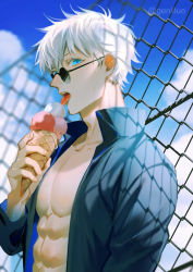 Rule 34 | 1boy, abs, blue eyes, chain-link fence, cloud, colored eyelashes, day, fence, food, genii, gojou satoru, hair between eyes, hand up, holding, holding food, ice cream, ice cream cone, jujutsu kaisen, looking at viewer, male focus, muscular, muscular male, open clothes, open mouth, open shirt, outdoors, pectorals, round eyewear, short hair, solo, sunglasses, sweat, teeth, tongue, tongue out, triple scoop, white hair