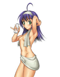 Rule 34 | 1girl, ahoge, armpits, blue hair, breasts, covering privates, fire emblem, fire emblem: path of radiance, fire emblem: radiant dawn, green eyes, hairband, headband, mia (fire emblem), milk, naked towel, navel, nintendo, nipple slip, nipples, nude, nude cover, pinky out, small breasts, solo, syunzou, topless, towel