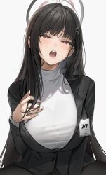 Rule 34 | 1girl, absurdres, black hair, black jacket, blazer, blue archive, blunt bangs, blush, breasts, freng, hair ornament, hairclip, halo, hand on own chest, highres, id card, jacket, large breasts, long hair, long sleeves, looking at viewer, open mouth, red eyes, rio (blue archive), simple background, solo, sweat, sweater, taut clothes, taut sweater, tongue, tsurime, turtleneck, turtleneck sweater, upper body, very long hair, white background, white sweater
