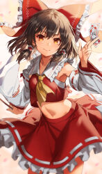 Rule 34 | 1girl, absurdres, ascot, blush, bow, brown hair, closed mouth, detached sleeves, gohei, hair bow, hair tubes, hakurei reimu, highres, looking at viewer, michairu, midriff, navel, ofuda, petals, red bow, red skirt, short hair, skirt, smile, solo, touhou, white sleeves, yellow ascot, yellow eyes