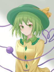 Rule 34 | 1girl, absurdres, artist request, breasts, gradient background, green eyes, green hair, hat, heart, heart of string, highres, komeiji koishi, looking at viewer, medium breasts, shirt, short hair, simple background, smile, solo, third eye, touhou, upper body, white background, yellow shirt