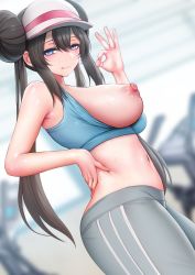 Rule 34 | 1girl, :d, blue eyes, blush, breasts, brown hair, clothes pull, creatures (company), double bun, game freak, ginhaha, hair bun, highres, large breasts, long hair, looking at viewer, navel, nintendo, nipples, ok sign, open mouth, pants, pokemon, pokemon bw2, rosa (pokemon), shirt, smile, solo, sports bra, sports bra pull, sweat, twintails, visor cap