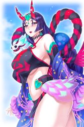 Rule 34 | 1girl, bare shoulders, black fundoshi, blush, breasts, chinese clothes, cosplay, curvy, dudou, fate/grand order, fate (series), from side, fundoshi, headpiece, highres, horns, huge breasts, japanese clothes, long hair, minamoto no raikou (fate), mogudan, parted bangs, purple eyes, purple hair, revealing clothes, shuten douji (fate), shuten douji (fate/grand order), shuten douji (halloween caster) (fate), shuten douji (halloween caster) (fate) (cosplay), skin-covered horns, very long hair