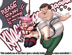 Rule 34 | 1boy, 1girl, absurdres, bdsm, bondage, bound, breasts, brown footwear, brown hair, cleft chin, commission, crying, demon girl, demon horns, demon wings, double chin, elbow gloves, english text, family guy, fat, fat man, glasses, gloves, green eyes, green pants, hetero, highres, holding, holding whip, horns, kowai (iamkowai), open mouth, original, pants, peter griffin, pink eyes, pink hair, pointy ears, pubic tattoo, round eyewear, short hair, small breasts, tattoo, tears, thighhighs, very short hair, whip, whipping, wings