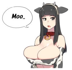 Rule 34 | 1girl, animal print, black hair, breasts, bursting breasts, cleavage, collar, cow horns, cow print, horns, large breasts, meganbear500, open mouth, solo, strapless, upper body