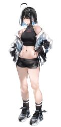 Rule 34 | 1girl, absurdres, ahoge, bare shoulders, black footwear, black hair, black nails, black shorts, blue hair, breasts, colored inner hair, commentary, duplicate, fingernails, full body, highres, irene (kanniiepan), jacket, kanniiepan, looking at viewer, medium breasts, midriff, multicolored hair, nail polish, navel, open clothes, open jacket, original, photoshop (medium), revision, shoes, short hair, short shorts, shorts, simple background, sneakers, solo, standing, thighs, white background, white jacket