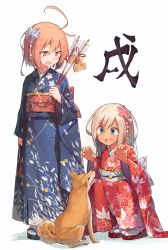 Rule 34 | 2girls, ahoge, alternate costume, animal, aqua eyes, arrow (projectile), beize (garbage), blue eyes, blue kimono, blush, bright pupils, chinese zodiac, commentary request, dog, ema, fang, floral print, furisode, hair ornament, hair ribbon, hamaya, holding, holding arrow, i-58 (kancolle), japanese clothes, kantai collection, kimi kiss, kimono, multiple girls, new year, obi, open mouth, red eyes, red kimono, ribbon, ro-500 (kancolle), sandals, sash, simple background, socks, squatting, standing, tabi, tan, white background, year of the dog