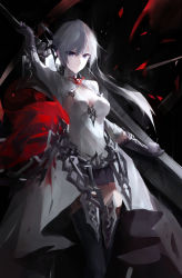 Rule 34 | 1girl, absurdres, arm up, blood, blood on clothes, blue eyes, breasts, cell (acorecell), chain, cleavage, cleavage cutout, closed mouth, clothing cutout, collarbone, dress, gloves, hand on sword, highres, holding, holding sword, holding weapon, long hair, long sleeves, looking at viewer, medium breasts, silver hair, simple background, sinoalice, skirt, snow white (sinoalice), solo, sword, thighhighs, weapon, white dress, zettai ryouiki