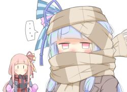 Rule 34 | 2girls, alternate costume, black coat, black scarf, blue hair, blue ribbon, blunt bangs, blush, brown coat, brown scarf, closed mouth, coat, commentary request, covered mouth, dot mouth, enpera, hair ribbon, half-closed eyes, kotonoha akane, kotonoha aoi, long hair, long sleeves, looking at another, looking at viewer, low-tied sidelocks, mittens, multiple girls, pink eyes, pink hair, pink mittens, plaid, plaid scarf, red ribbon, red scarf, ribbon, scarf, scarf on head, scarf over mouth, shiyoheee, siblings, sidelocks, simple background, sisters, striped clothes, striped scarf, two-tone scarf, upper body, voiceroid, white background, winter clothes, | |