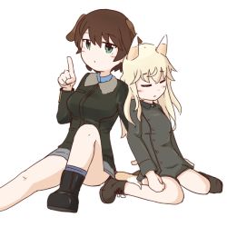 Rule 34 | 2girls, animal ears, ankle boots, aqua eyes, black footwear, blonde hair, blush, bomber jacket, boots, bottomless, brown hair, closed eyes, dog ears, dog tail, erua, finger to mouth, fox ears, fox tail, heart, honda takashi (enorea), jacket, long hair, long sleeves, looking at viewer, military, military uniform, multiple girls, open mouth, ottilie kittel, pointing, pointing up, short hair, shushing, simple background, sitting, sleeping, strike witches, tail, uniform, waltraud nowotny, wariza, white background, world witches series