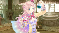 Rule 34 | 1girl, :d, absurdres, atelier (series), atelier meruru, atelier rorona, blue eyes, bow, breasts, brown hair, cleavage, crown, female focus, flower, game cg, highres, holding, indoors, kishida mel, long hair, merurulince rede arls, mini crown, official art, open mouth, red bow, small breasts, smile, solo, standing, steam