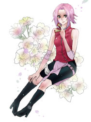 Rule 34 | 1girl, arm warmers, bad id, bandages, bare shoulders, bike shorts, black footwear, boots, breasts, floral background, flower, full body, green eyes, haruno sakura, high heel boots, high heels, holding, knee boots, looking at viewer, miniskirt, naruto (series), naruto shippuuden, ofuda, pigeon-toed, pink hair, pink skirt, red shirt, shirt, short hair, shorts, shorts under skirt, side slit, sitting, skin tight, skirt, sleeveless, sleeveless shirt, small breasts, smile, solo, spandex, woofin