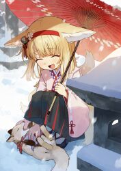 Rule 34 | 1girl, absurdres, animal ears, arknights, belly rub, blonde hair, closed eyes, commentary request, facing ahead, fox, fox ears, fox tail, hairband, highres, holding, holding umbrella, japanese clothes, kimono, long sleeves, new year, official alternate costume, oil-paper umbrella, open mouth, outdoors, pink kimono, red hairband, sandals, shoujo l, smile, snow, solo, squatting, stone lantern, suzuran (arknights), suzuran (yukibare) (arknights), tail, umbrella, wide sleeves