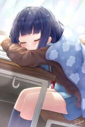 Rule 34 | 1girl, black thighhighs, blanket, blue hair, blue skirt, blunt bangs, blush, book, bow, bowtie, brown jacket, chair, child, closed eyes, closed mouth, cloud print, commentary, crossed arms, desk, highres, idolmaster, idolmaster cinderella girls, j2l, jacket, light rays, long hair, red bow, red bowtie, sajo yukimi, school chair, school desk, signature, sitting, skirt, sleeping, sleeping on desk, solo, thighhighs, uniform
