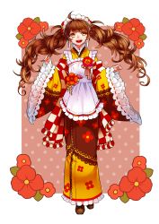 Rule 34 | 1girl, ahoge, apron, brown hair, corset, flower, highres, japanese clothes, kimono, long hair, open mouth, smile, solo, twintails, wide sleeves, yukico-tan, yukijirushi, yumemeko