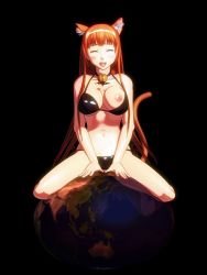 Rule 34 | 1girl, 3d, :d, animal ears, animated, animated gif, asobi ni iku yo!, bell, black background, blush, bouncing breasts, breast slip, breasts, cat ears, cat tail, cats attacks!, closed eyes, collar, earth (planet), eris (asobi ni iku yo!), jingle bell, large breasts, myu ranran, neck bell, nipples, one breast out, open mouth, orange hair, planet, shiny clothes, simple background, smile, solo, straddling, tail