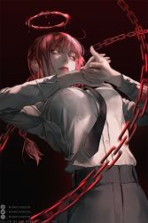 Rule 34 | 1girl, artstation username, black necktie, black pants, blood, blood halo, blouse, braid, braided ponytail, breasts, buttoned cuffs, buttons, chain, chainsaw man, closed mouth, feet out of frame, formal, halo, highres, instagram username, large breasts, lips, liquid halo, long sleeves, makima (chainsaw man), medium hair, necktie, orange eyes, own hands together, pants, ponytail, red hair, red halo, ringed eyes, shirt, sidelocks, single braid, solo, twitter username, wandzardeen, white shirt