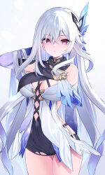 Rule 34 | 1girl, commentary request, cowboy shot, detached sleeves, genshin impact, gradient sleeves, hair ornament, highres, kanora, long hair, looking at viewer, parted lips, purple eyes, simple background, skirk (genshin impact), solo, white background, white hair