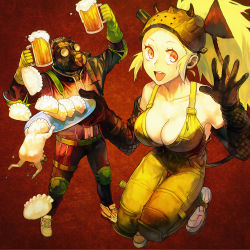 Rule 34 | 1boy, 1girl, :d, alcohol, bare shoulders, beer, blonde hair, breasts, caiman (dorohedoro), cleavage, demon horns, demon tail, dorohedoro, dumpling, food, gas mask, gloves, gyoza man, horns, jiaozi, large breasts, long hair, looking at viewer, mask, mask on head, nikaidou (dorohedoro), open mouth, panco, plate, ponytail, red eyes, smile, tail, waving