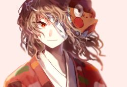 Rule 34 | 1other, ametsukana yago, androgynous, bandage over one eye, bright pupils, brown hair, closed mouth, commentary request, hemo (hemoroda), hyottoko mask, japanese clothes, kimono, len&#039;en, mask, mouth mask, orange pupils, other focus, portrait, red eyes, red kimono, simple background, smile, solo, white background