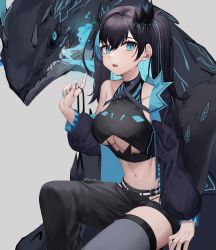 Rule 34 | 1girl, absurdres, bad id, bad pixiv id, black hair, black tank top, blue eyes, blue nails, breasts, crop top, feet out of frame, haiz (vtuber), highres, jacket, jacket on shoulders, long hair, looking at viewer, mea (hwaksal), medium breasts, monstar (company), nail polish, navel, open mouth, sitting, solo, tank top, teeth, thighs, twintails, underboob, upper teeth only, virtual youtuber, white background